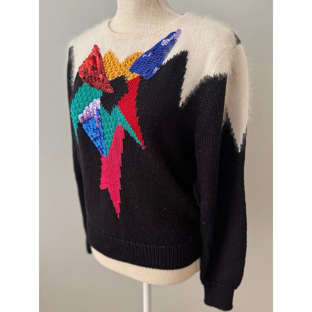 Vintage 80s Illustrations Wool Blend Sequin Pullover Sweater Size Medium - Picture 2 of 7